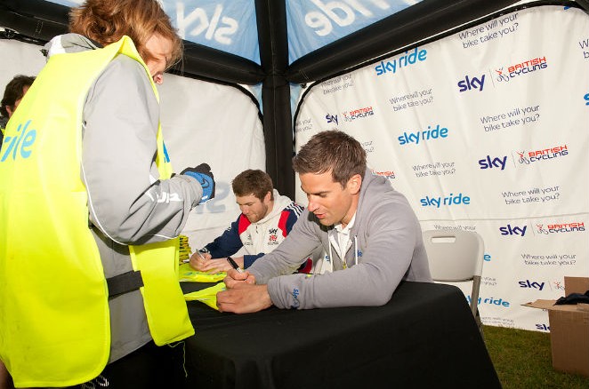 Liam Philips and Gethin Jones signing bibs at Sky Ride Bath 2011 Sky Ride Bath